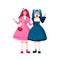 Two happy cartoon girl in bright colorful japan lolita costume vector flat illustration. Anime female characters in