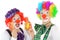 Two happy cheerful clowns make music with toy instruments