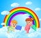 Two happy children is fighting a pillows with rainbow scenery