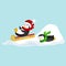 Two happy cute Christmas penguin in hat and scarf sledding snow ice slides on the eve of the new year. Greeting vector