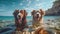 two happy dogs on the sea. Cute pet couple. Generative AI