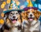 Two happy dogs with tongues out and funny hats on.