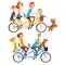 Two happy families riding on tandem bicycles with three seats and basket. Parenting concept. Recreation with kids