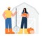 Two happy farmers stand near barn with pumpkins and pitchfork. Flat vector minimalist illustration of garden or farm work