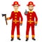 Two happy firemen holding fire axe and making ok gesture