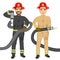 Two happy firemen holding hose