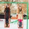 Two happy friends swinging on a swing