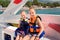 Two happy girls parasailing