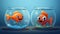 Two happy gold fish in fish bowls on blue background