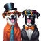 Two happy laughing animals wearing glasses and a suit with a Vibrant color. AI-Generated.