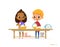 Two happy multiracial kids washing dishes isolated on white background. Children cleaning tableware. Montessori engaging education