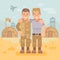 Two happy soldier friends in a military camp flat illustration