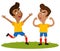 Two happy winning South American cartoon outfield players wearing yellow shirts and blue shorts running and posing proudly