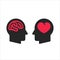 Two head silhouette with heart and brain symbols inside, logic and feel choice concept, flat style icons