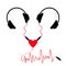 Two headphones. Earphones couple Audio splitter adapter heart. Red music wave cord. Love greeting card. White background.