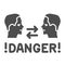 Two heads with arrows and danger warning solid icon, prevent covid-19 concept, Keep distance in conversation sign on