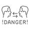 Two heads with arrows and danger warning thin line icon, prevent covid-19 concept, Keep distance in conversation sign on