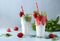Two healthy detox smoothie with fresh strawberries, spinach, mint and yogurt in tall glasses on light blue background with fresh