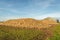 Two heaps of sugar beet and a modern farmer`s shed