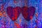 Two heart shapes on drity grunge bark, tree texture background. For your unique or different love, passion, feeling concepts