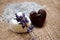 Two Heart Soaps, Lavender Twigs and Bath Salt on Jute Underlay