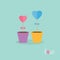 Two heart stick flowers in the pots and word love. Flat design.