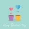 Two heart stick flowers in the pots and word love. Flat design. Happy Valentines day