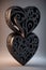 Two hearts black and gold carved that merge to form a single piece. 14th of Feb Valentine`s day party. Concept Love