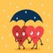 Two hearts in love under umbrella holding for hands on rainy day