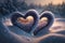Two hearts made of snow and ice on the snow in the light of the sunset. For greeting card or banner. Generative AI