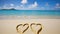 Two hearts on a sandy beach against a blue sea background