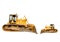 Two heavy dirty building bulldozers of yellow color: big and small, isolated.