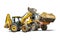 Two heavy front loaders or bulldozers on a white isolated background. Construction equipment and transport. Transportation and