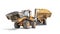 Two heavy front loaders or bulldozers on a white isolated background. Sand and gravel in a large bucket. Construction equipment.