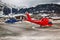 Two helicopters in the airport of St Moritz Switzerland ready to take off