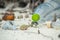 Two hermit crabs surviving at the polluted dirty beach among plastic bottles and garbage at the tropical island