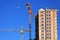 Two high-rise construction cranes and unfinished monolithic building