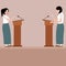 Two high school girl debate on stage podium public speaking contest presentation
