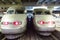 Two high-speed bullet TGV trains at the Gare Montparnasse