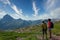 Two hiker women in path of the french Pyrenees mountains