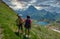 Two hiker women in path of Pic du Midi Ossau in french Pyrenees mountains