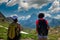 Two hiker women in path of Pic du Midi Ossau in French Pyrenees mountains