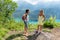 Two hiker women talking near of Lake Annecy