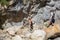 Two hikers walk along a path on a hillside holding a rope