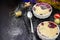 Two Homemade delicious crumble with berries in portioned ramekin