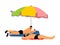 Two homosexual boys lying on beach illustration. Handsome gay man sunbathing under parasol. Gay couple tenderness in public