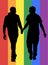 Two homosexual boys walking and hand holding vector silhouette. Gay couple tenderness in public. Hand to hand closeness, man love.