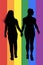 Two homosexual girls walking and hand holding vector silhouette. Gay couple tenderness in public. Hand to hand closeness.