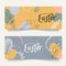 Two horizontal banners with hand drawn Easter decorations in pastel colors. Minimalist style design with eggs, rabbit, flowers and