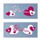 Two horizontal greeting banner Valentine`s Day. Vector lettering I love you on a blue background of the knitted fabric and sewn re